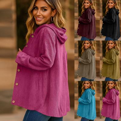Women's Fashionable Solid Color Hooded Long Sleeved Button Pocket Loose Casual Jacket