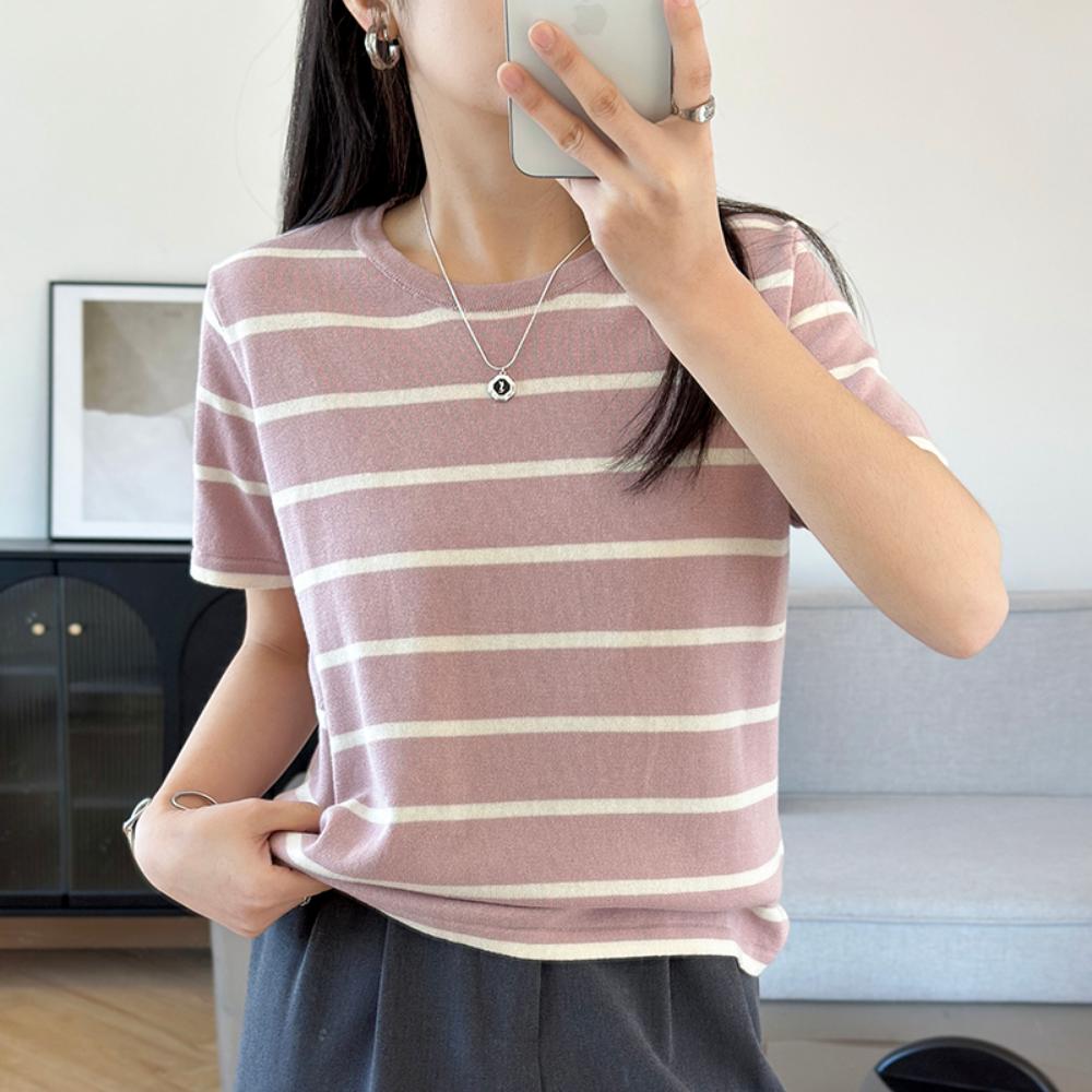 Summer  Women's T-shirt Casual Striped Woven Pullover Short Sleeved Loose Round Neck Tees Pull Vest Tops
