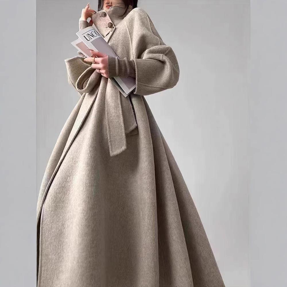 Retro, Blue Island Bay, wool long coat, blue temperament classic cape, winter double-sided tweed coat for women