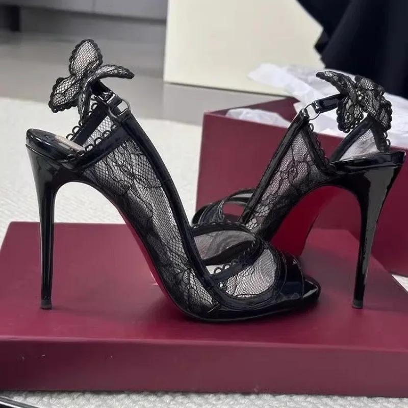 

Модные весенние новые кружевные туфли на высоком каблуке с открытым носком, с женственным ощущением, на тонком каблуке, с прямым ремешком и босоножки с открытым носком-каплей в виде бабочки 34