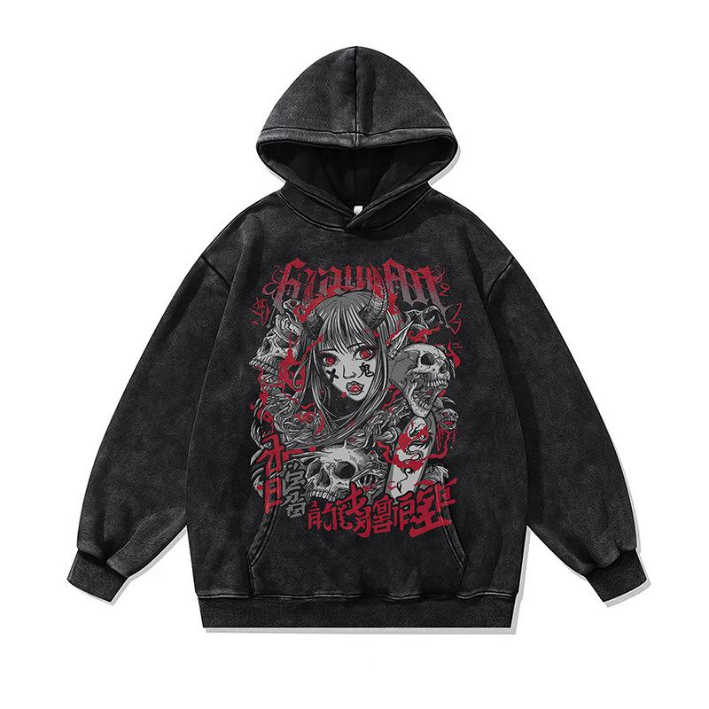 Dark Two-Dimensional Cartoon Digital Direct Injection Printing Hooded Sweater For Men And Women Washed And Old Hoodie