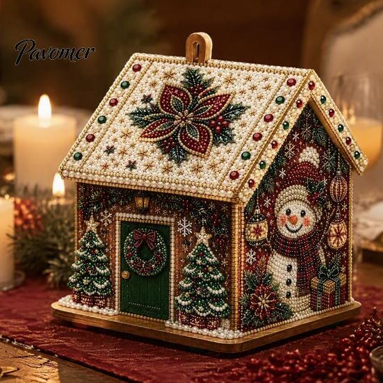 DIY Holiday Craft Set 3D House Christmas Faux Pearl Art Kit, Handmade Rhinestone Painting Kit Relaxing Activities for Adults Adults, Tabletop