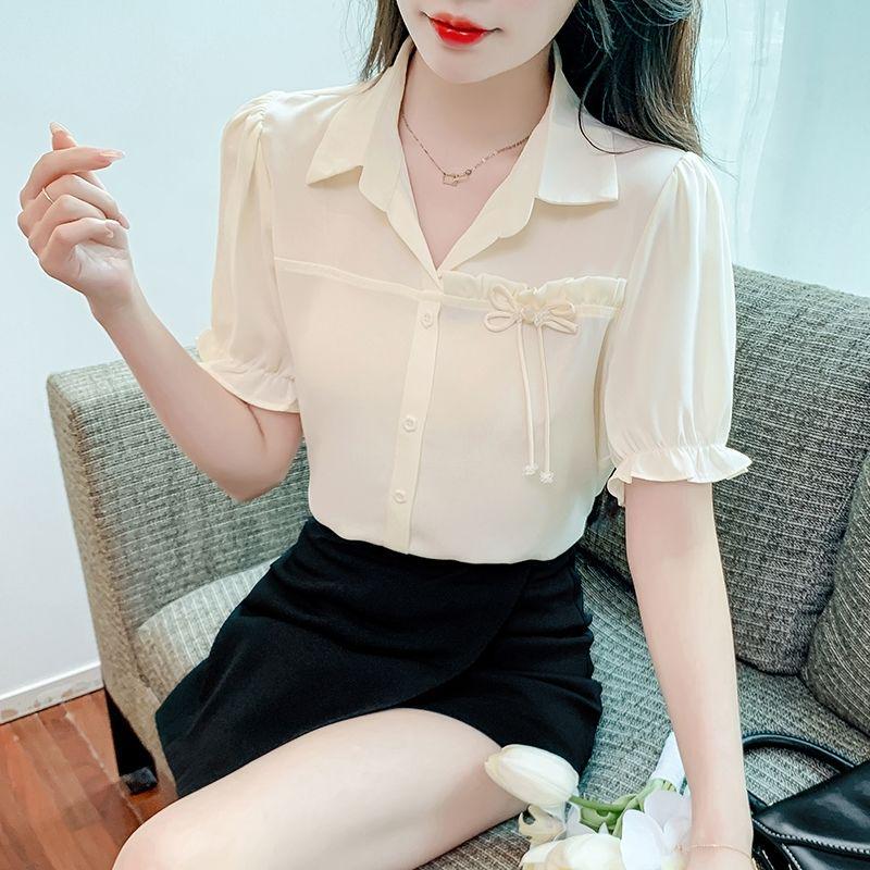 

Женский приталенный топ из шифона с коротким рукавом 2024 – Стильный дизайн, скрывающий живот, для молодого образа L абрикосовый