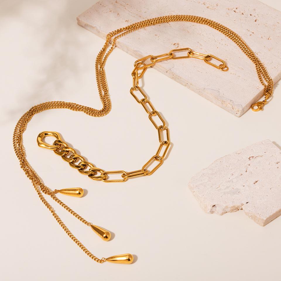 Three Different Chains Spliced Necklaces For Women 18k Gold Plated Stainless Steel Women's Long Tassel Necklace Sweater Chain