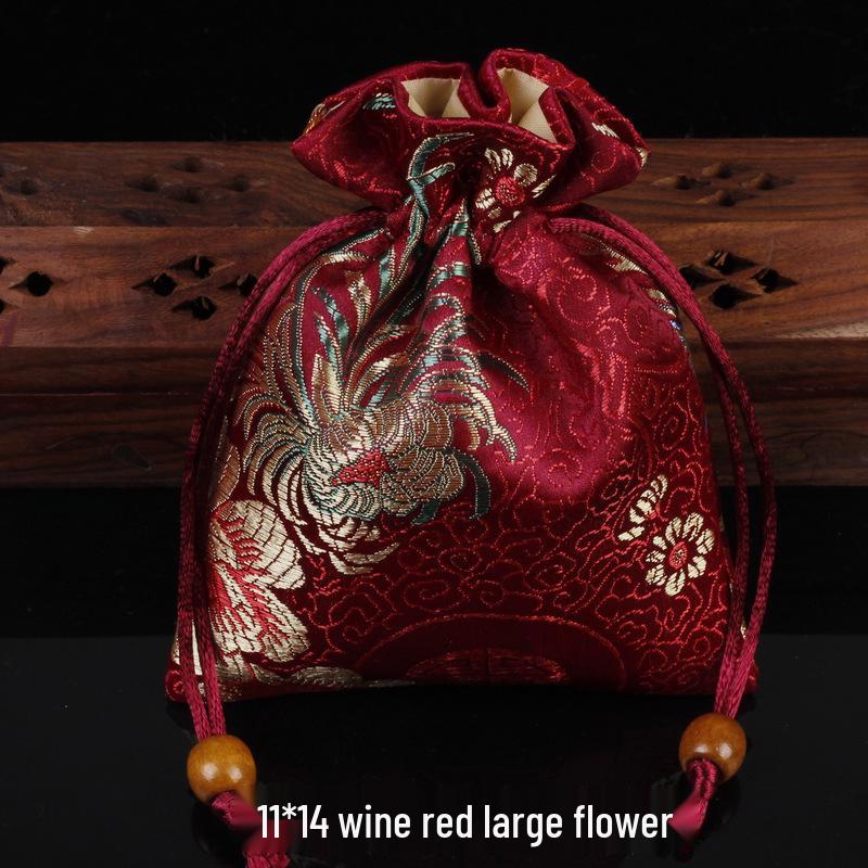 Red Brocade Jewelry Drawstring Gift Bag - 11x14 cm