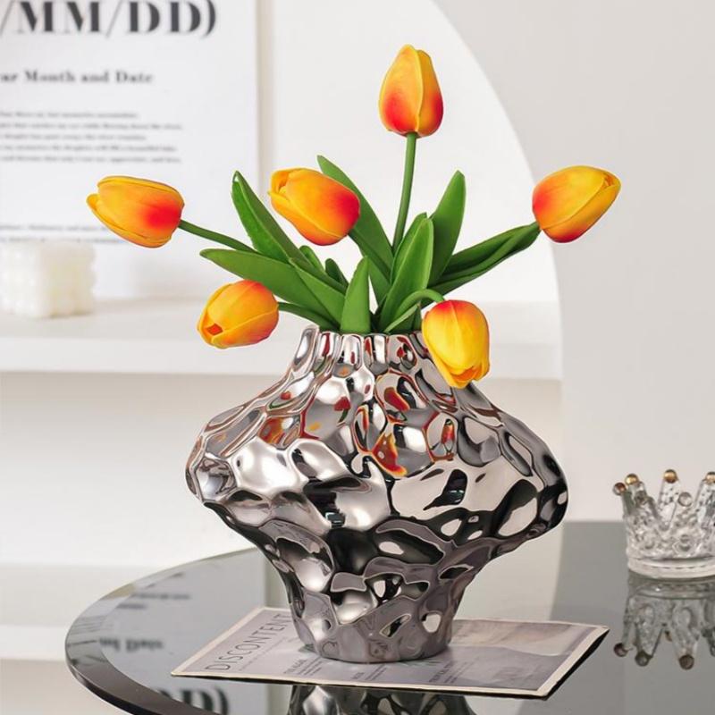 Silver Ceramic Vase Irregular Stone Grains Geometric Slices Flower Vase Flower Arrangement Accessories Home Decoration