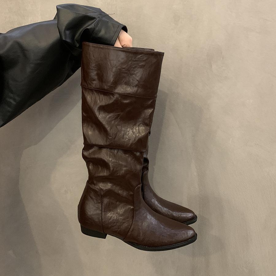 Women's Slouchy Knee High Boots Riding Combat Boots Chunky Block Heel Fall Winter Non-Slip Wide Calf Pull on Low Heels Walking Booties Shoes for Women