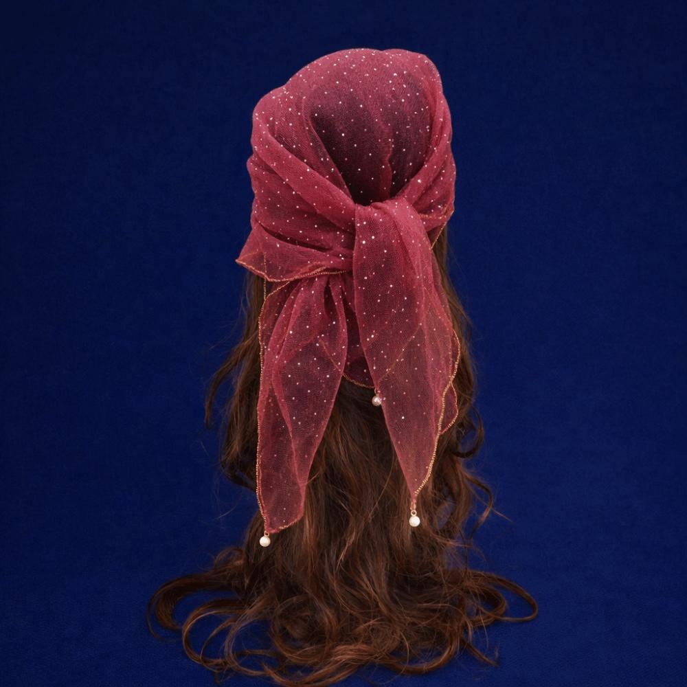 Pearl Tassel Rhinestone Square Scarf Hair Wrap Solid Color Full Sky Star Headwrap Lace Trim Breathable Fabric