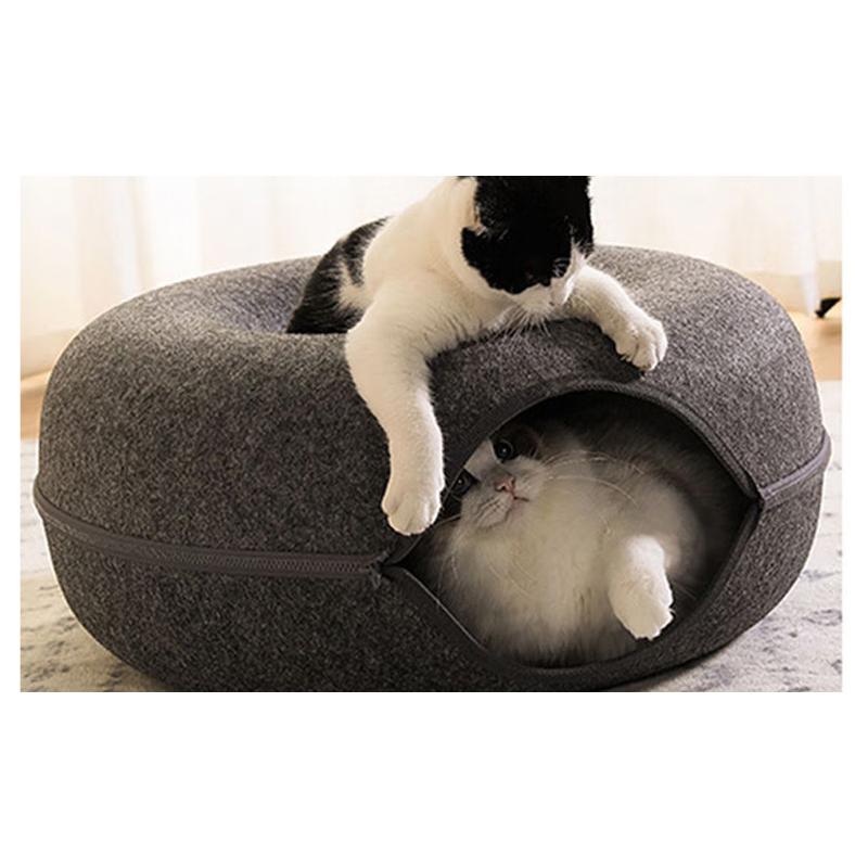 Donut Cat Bed for 2 Cats Pet Cat Tunnel Toys Kitten House Basket Interactive Play Toys for Cats Natural Felt Rabbit Cave Nest