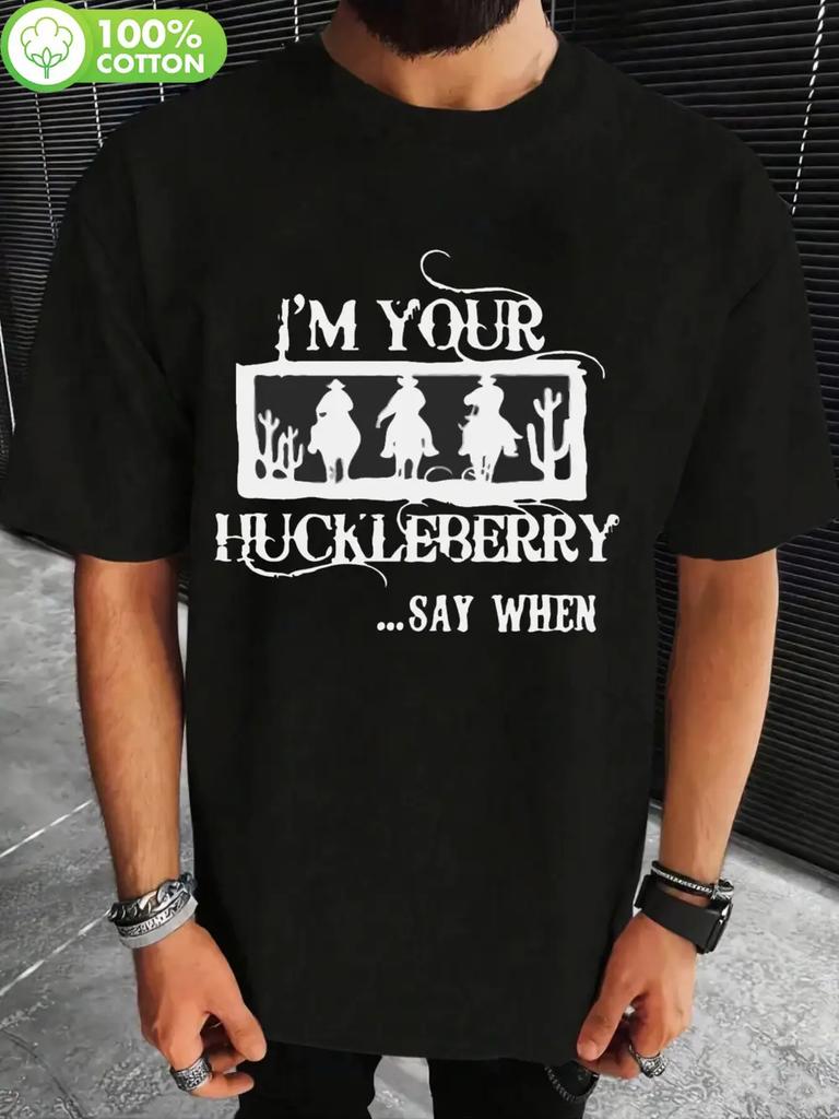 Plus Size Vintage "I'm Your Huckleberry Say When" Graphic T-shirt - 100% Cotton Loose Fit Crew Neck Tee with Western Cowboy & Cactus Print