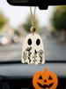 Wood Ghost Car Hanging Ornament, Floral Engraved Cute Spooky Pendant, Rearview Mirror Decor, Halloween Wall Decor for Home/Party