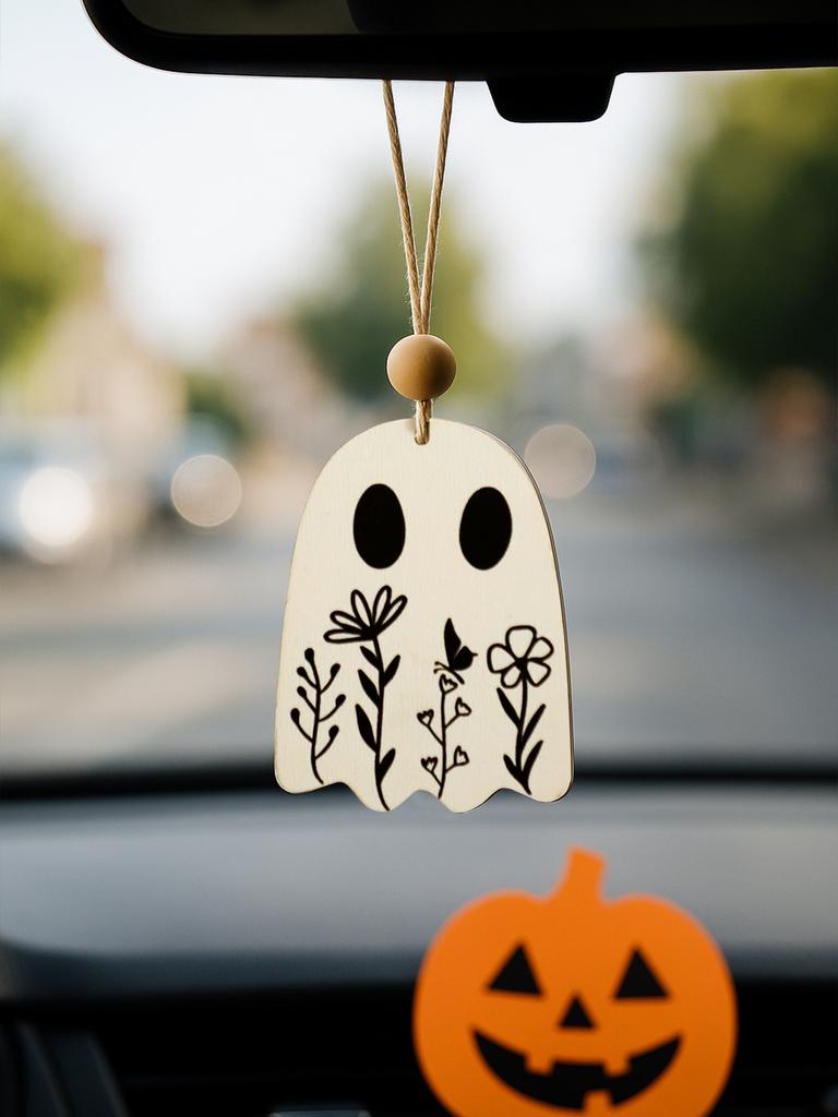 Wood Ghost Car Hanging Ornament, Floral Engraved Cute Spooky Pendant, Rearview Mirror Decor, Halloween Wall Decor for Home/Party