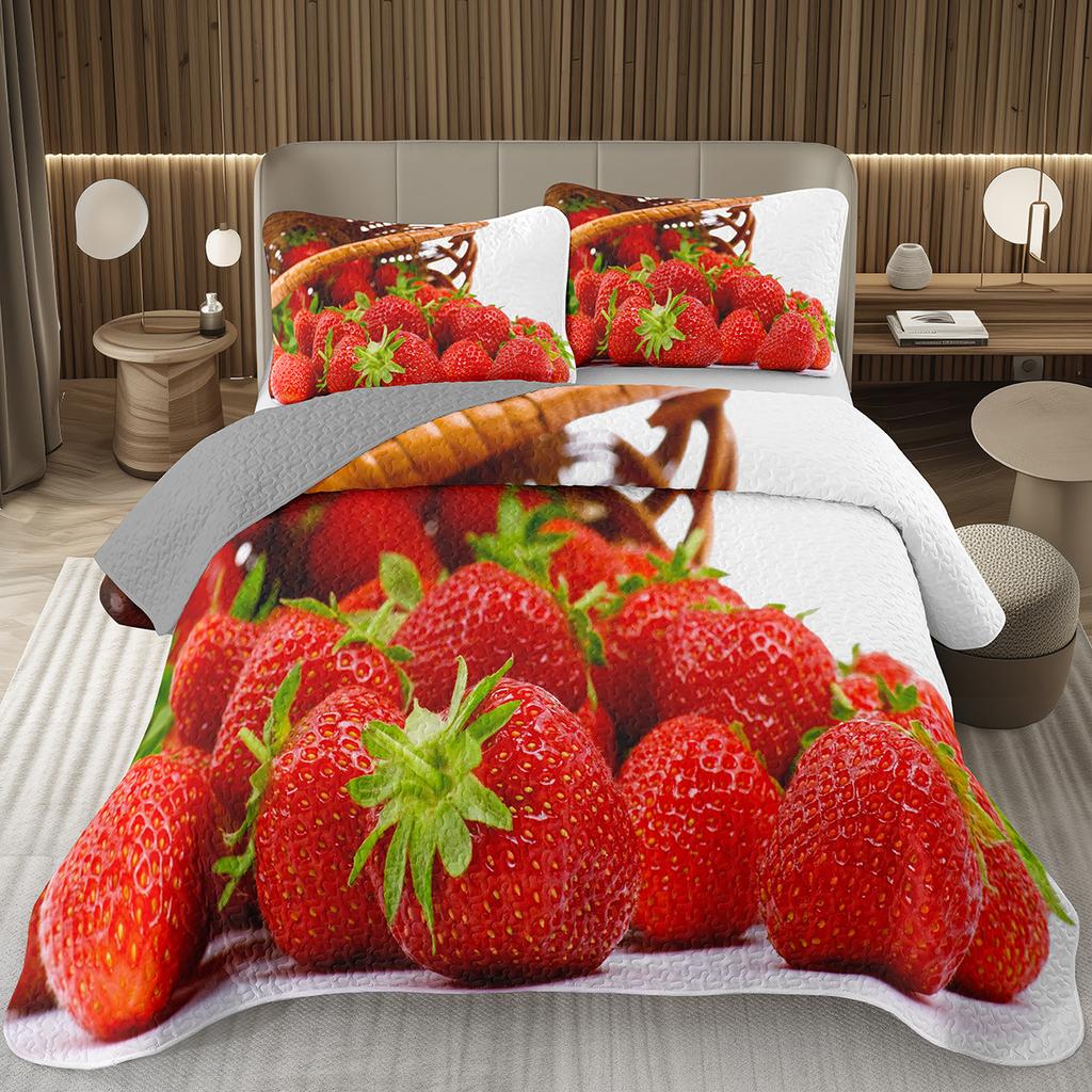 Strawberry Bedspread Kawaii Fruit Coverlet Twin King Size Cute Strawberries Quilt Set For Kids Girls Teens Adult Bedroom Decor