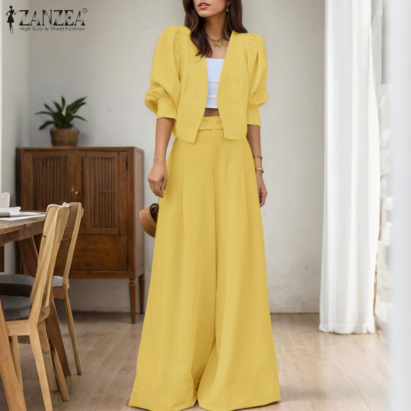 ZANZEA Women Long Sleeve Cardigan Blouse and Wide Leg Pants Two Piece Suit Sets