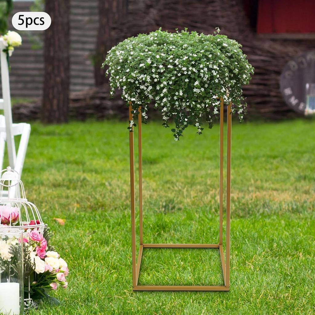 5-Piece Set 60cm Wedding Flower Stands Gold Geometric Iron Aisle Markers Removable Square T-Stage Decor for Elegant Celebrations