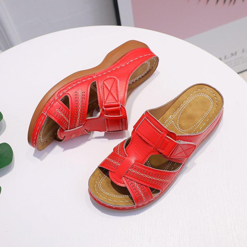 Summer Casual Retro Wedge Heel Thick Sole Sewn Shoe Leather One-character Women's Cool Slippers