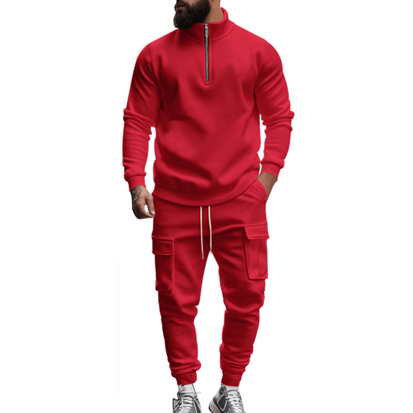 

Men s Winter Casual Plus Velvet Warm Zipper Stand Collar Sweatshirt Men s Sports Pants Sweatshirt Set M красный