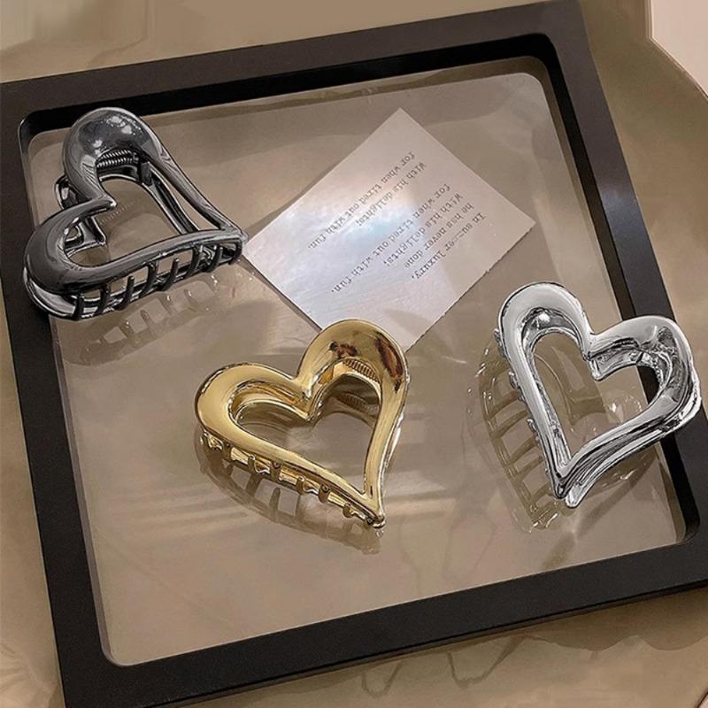 Haarklammern aus Metall, golden, silbrig, Herzform, mittlere Größe, Y2k-Haarstyling-Accessoires, Fangkrabbenklemme, Kopfbedeckung für Damen und Mädchen