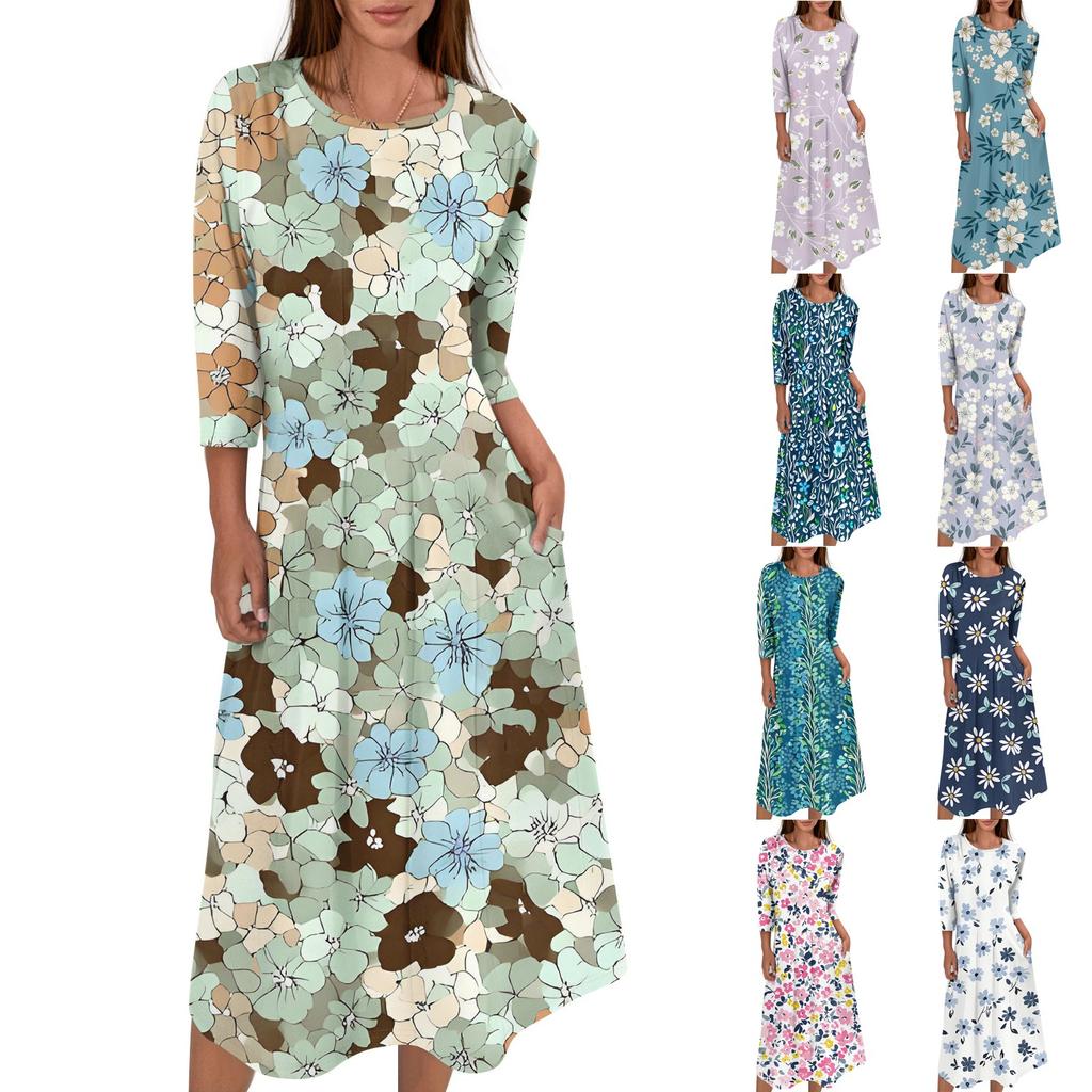 Rochie midi casual de damă la modă, cu gât rotund și mâneci trei sferturi