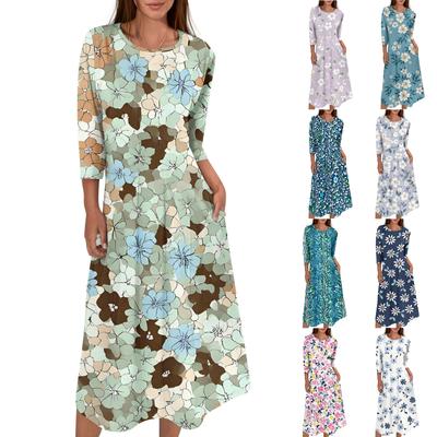 Women's Fashion Casual Round Neck Three-quarter Sleeve Midi Dress
