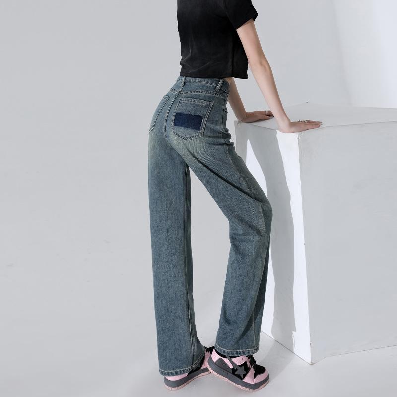 Spring and Summer New Pocket Contrasting Color Wide-leg Jeans for Women Retro Straight Floor Trousers for Women