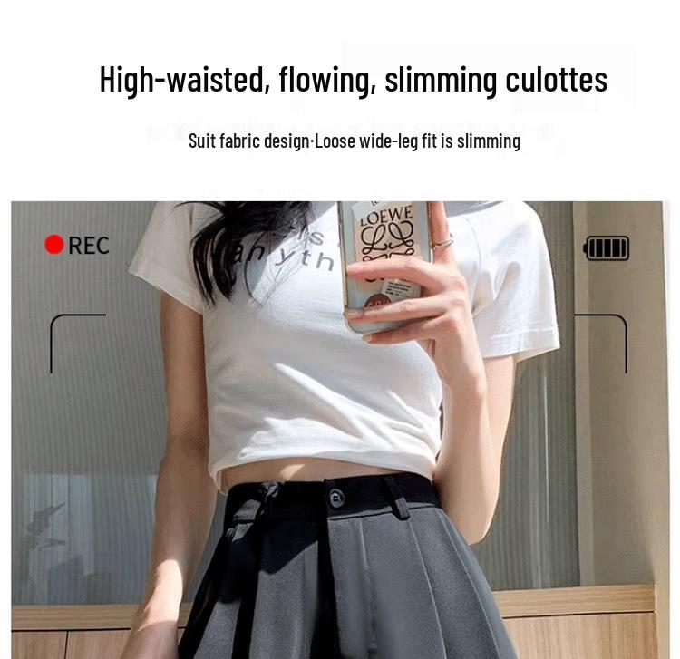 2024 New Black High-Waisted Pleated Wide-Leg Shorts - Slimming, Casual, Slit Design