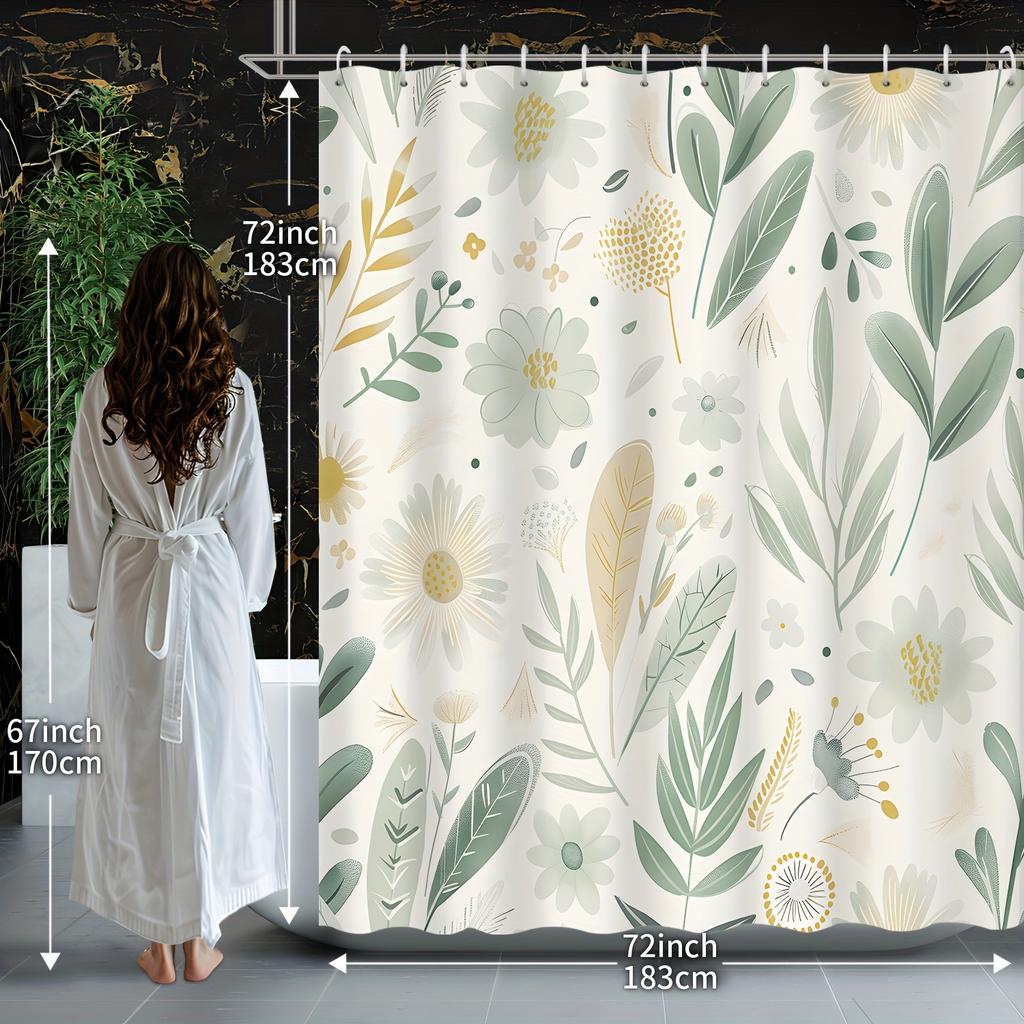 1 Piece Small Fresh Green Flower Farmhouse Watercolor Pastoral Natural Decoration with Hook Shower Curtain Polyester Fabric