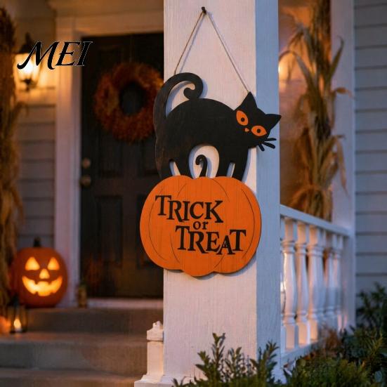 Rustic Farmhouse Wall Art Halloween Wooden Door Sign, Black Cat And Pumpkin Plaque, Boxwood Material Decor Hanging for Holiday Party Indoor Outdoor