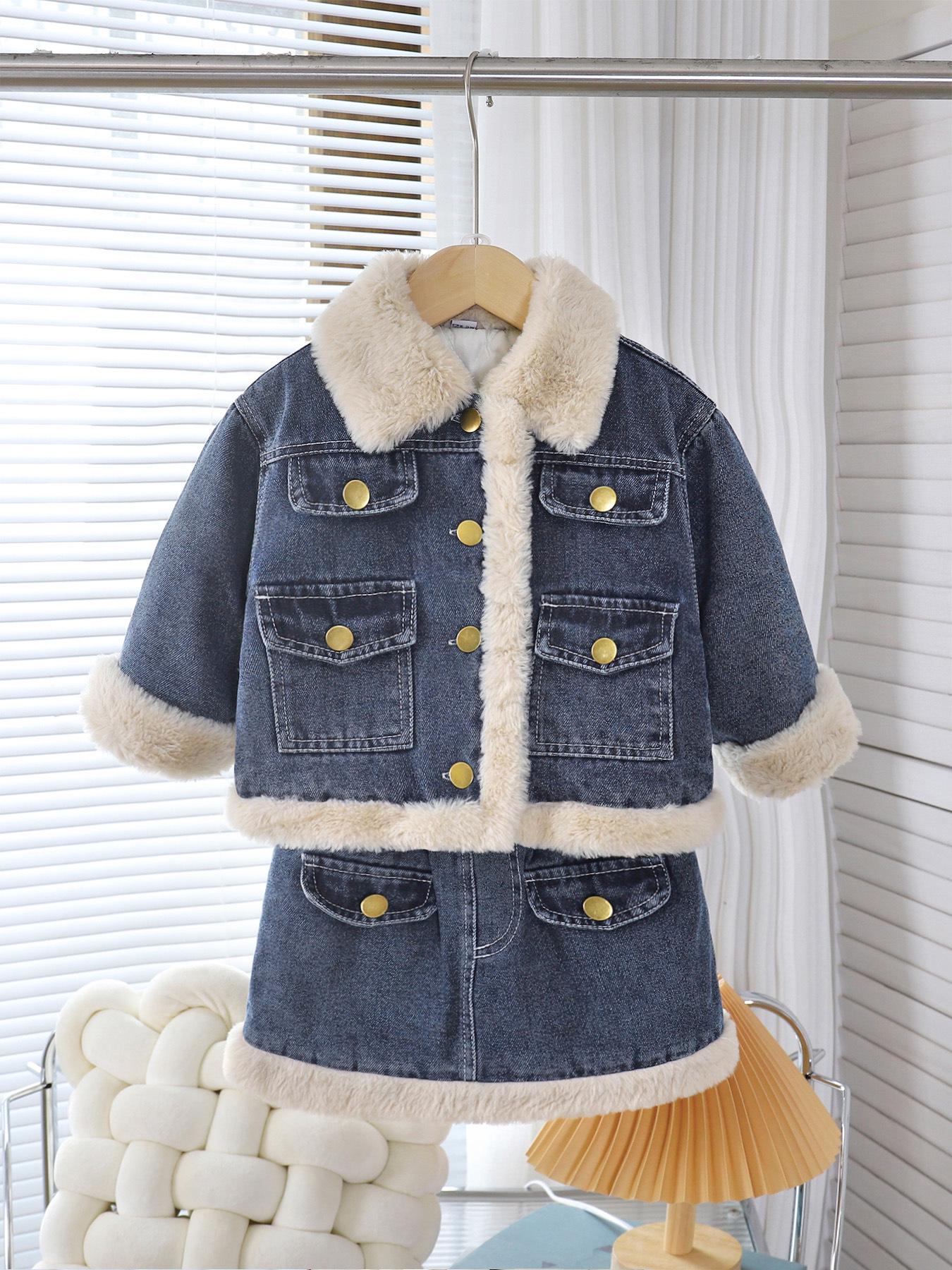 

Korean Style Girls Plush Jacket & Half-Skirt Set - Autumn/Winter Fashion 110 синій