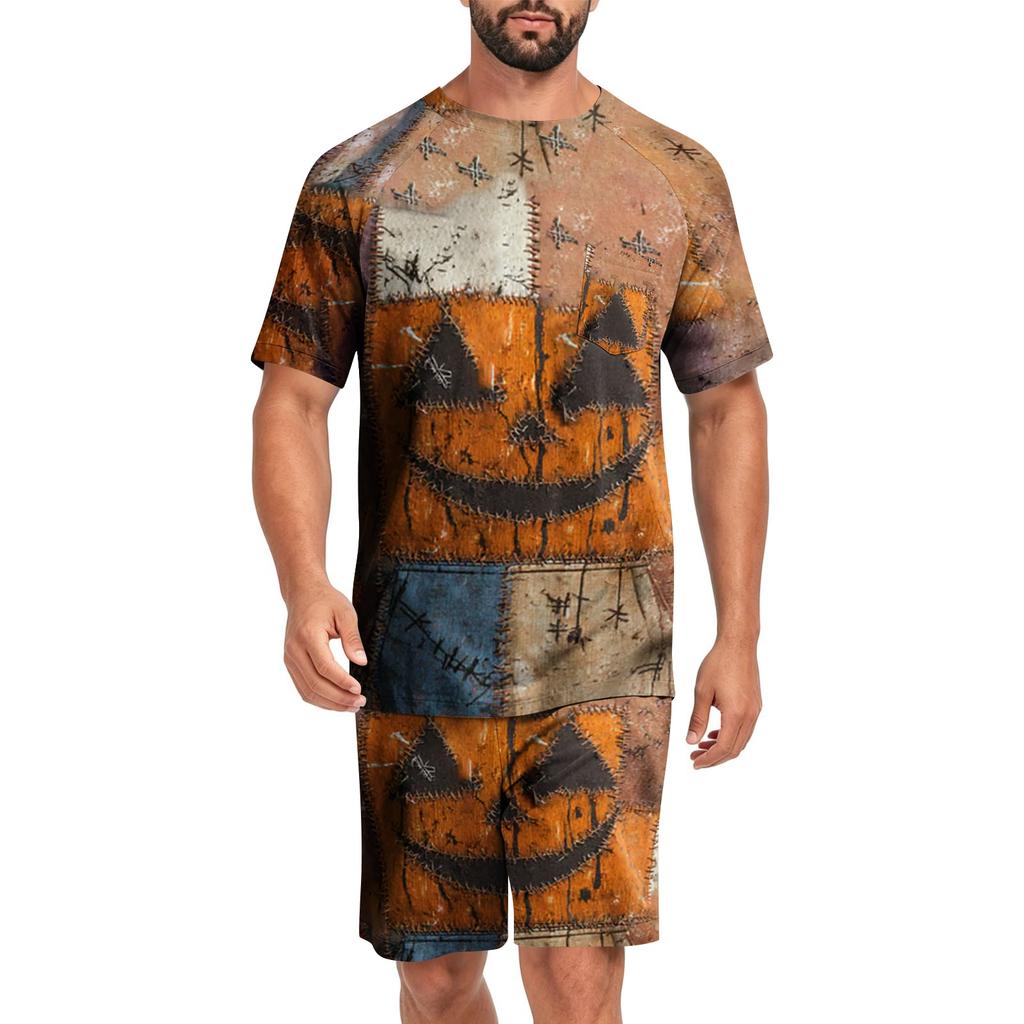 Men's Halloween Casual Pajama Set Short Sleeve Top and Shorts Patchwork Design Comfortable Sleepwear Lounge Outfit for Home Use