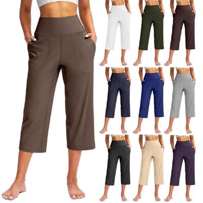 Summer Women Sports Yoga Pants Astic High Waist Casual Active Fit Wide Capris Leg Pants Yoga Leggings Soft Gym Knee Length with Pockets
