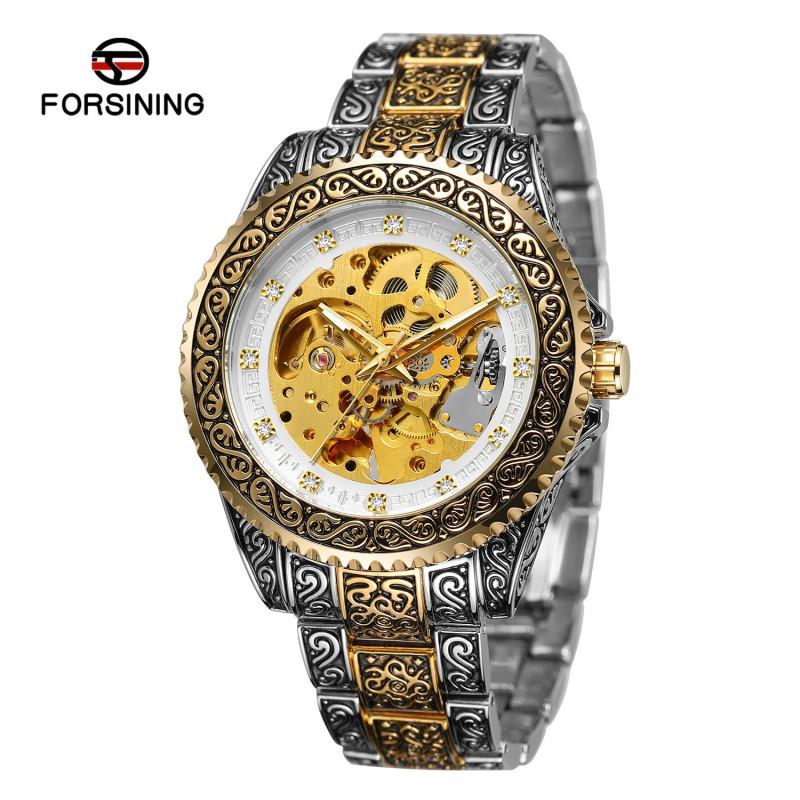 Mens Automatic Mechanical Watch With Hollow Carved Vintage Design Stainless Steel Band Fashion Casual Wristwatch
