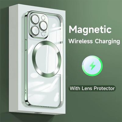 Luxury Magnetic Wireless Charging Transparent Silicone Case For Iphone 13 12 11 14 Pro Max With Lens Protector Film Soft Cover