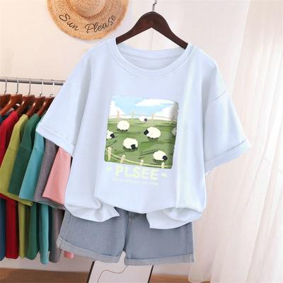Damska bawełniana koszulka L-5XL T-shirt w dużych rozmiarach z krótkim rękawem Damski top Letni nadruk kreskówkowy Para O Neck Ponadgabarytowe koszulki z krótkim rękawem