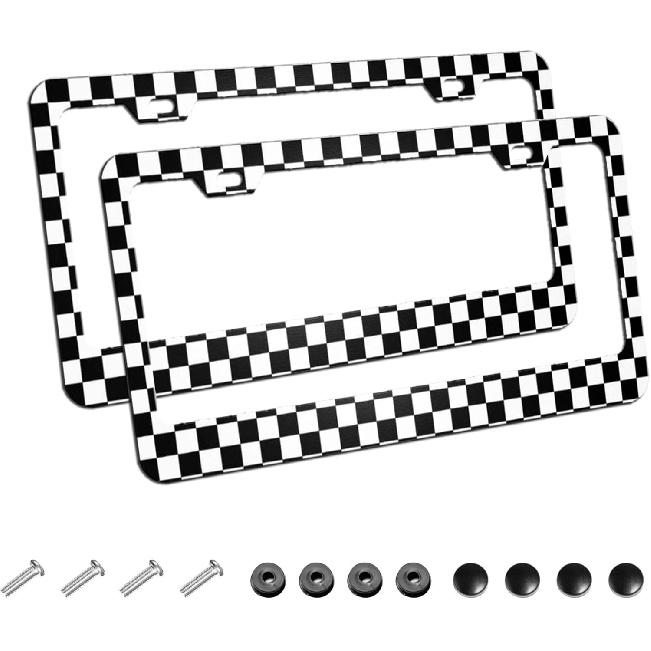 2Pack Simple Style Black And White Racing And Checkered Pattern Car License Plate Frames, Aluminum Car Tags Frame With Screws Caps