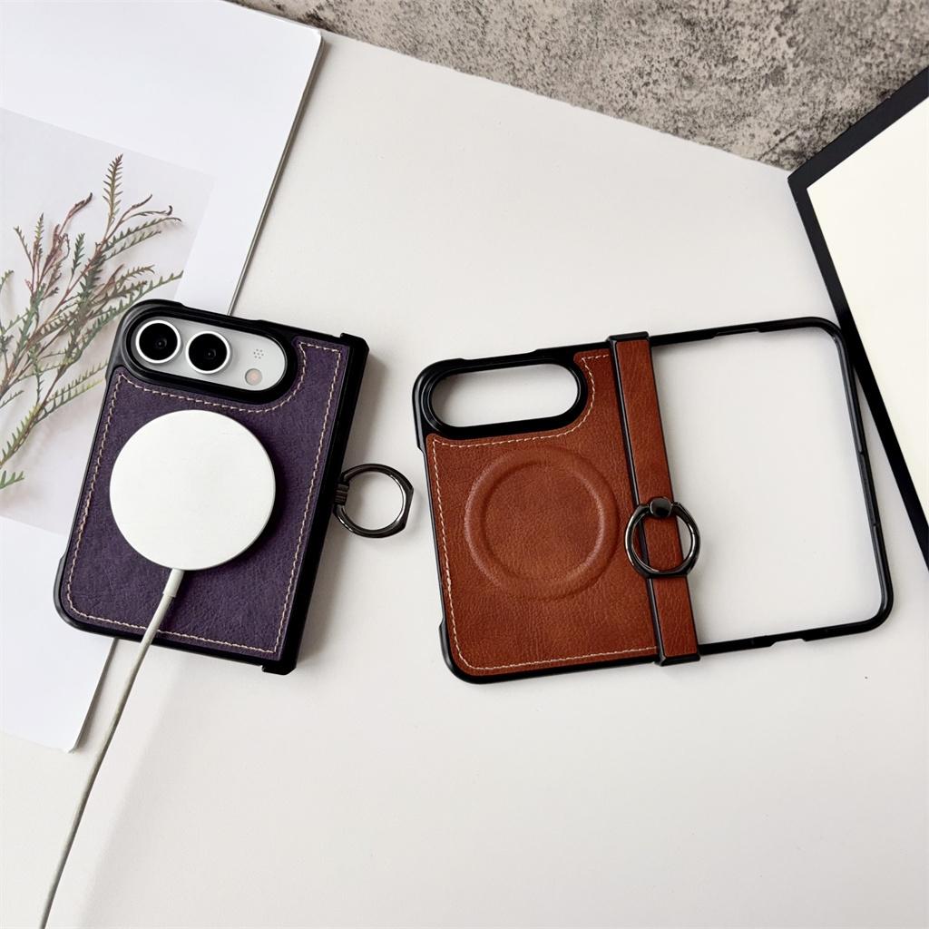 Retro Lychee Leather Texture Ring Holder Magnetic Hinge Protection Phone Case for Apple IPhone Duo 18 Fold Shockproof Cover