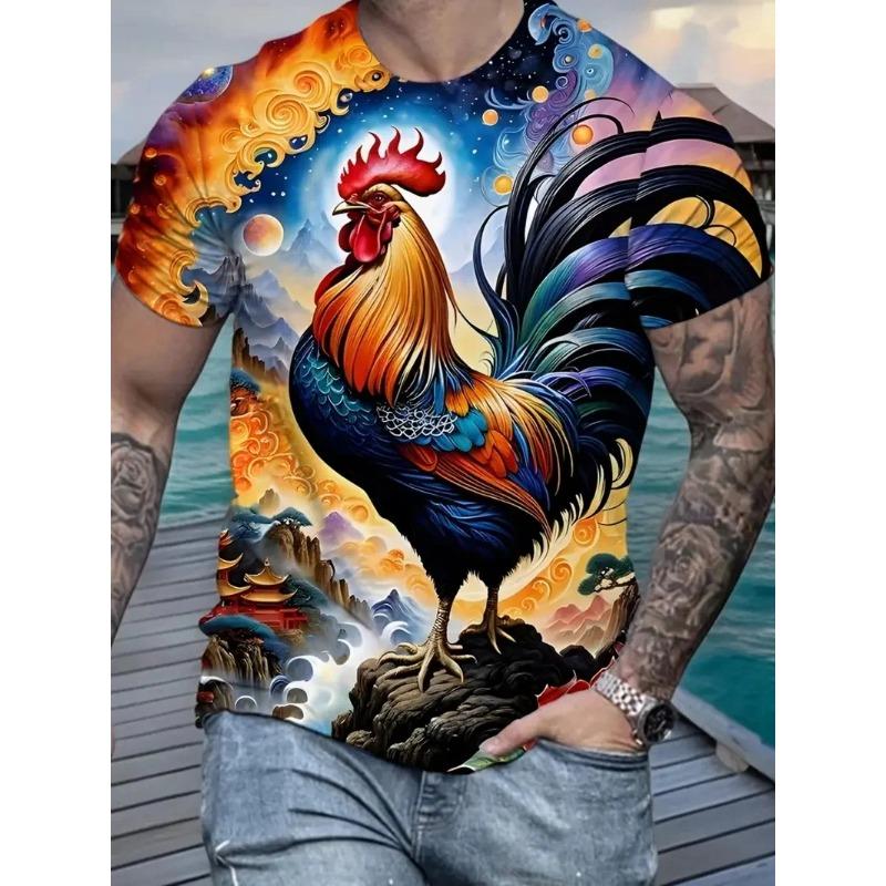 Summer Round Neck Colorful Rooster Graphic 3D Print Top Fashionable Casual Short Sleeved Men's T-shirts