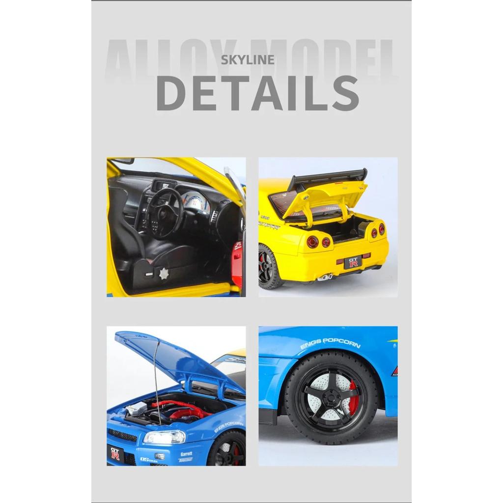 1/18 Nissan Skyline Ares GTR GT-R R34 Alloy Track Sports Car Model Diecast Metal Racing Car Vehicle Model Sound and Light Kids Toy Gift