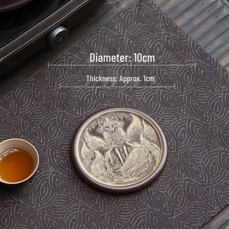 Yixing Zisha Engraved Fox Purple Clay Tea Coaster & Lid Holder - Tea Ceremony Accessories.