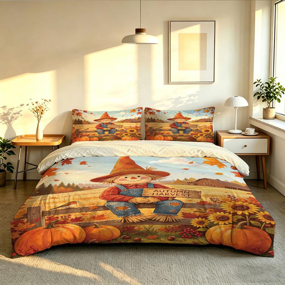 Fall Scarecrow Pumpkin Sunflower 3Pcs Duvet Cover Set Rustic Thanksgiving Farm Aesthetic Bedding Set