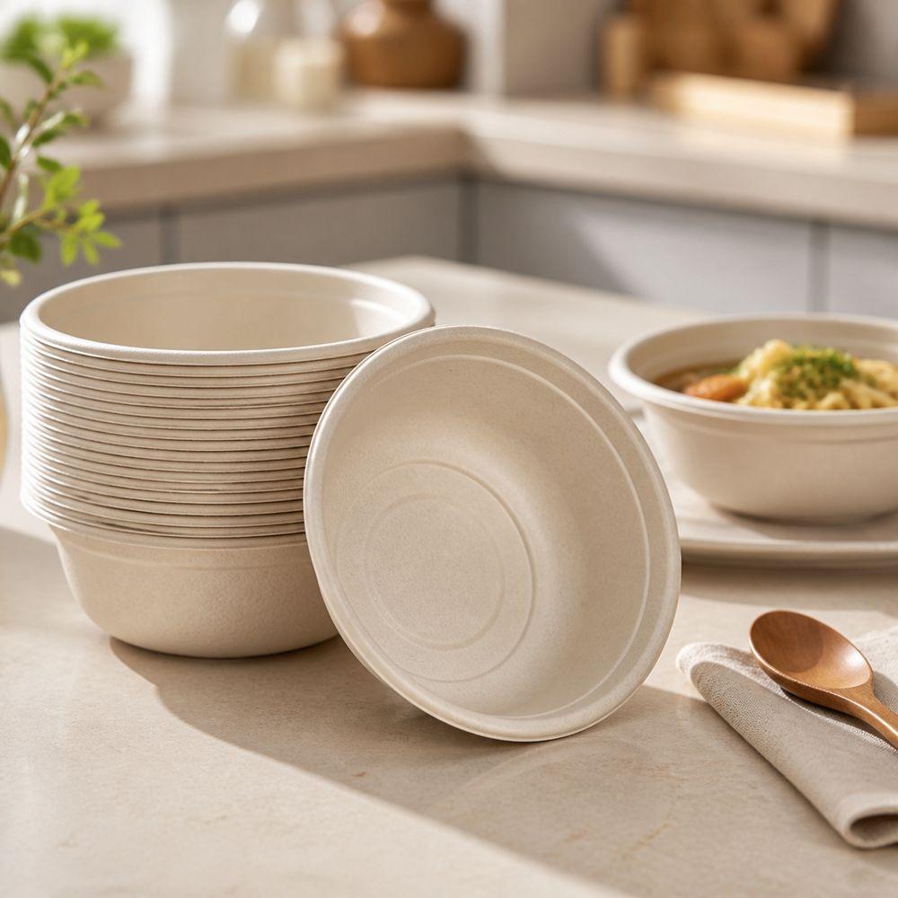 50Pcs Water Resistant Round Bowls Paper Pulp Bowl for Noodles Soup Rice and Takeaway Meals