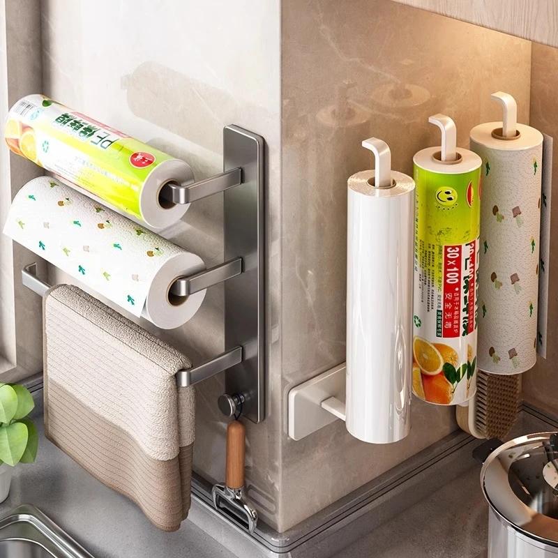Paper Towel Holder, Double Rod Design, No Drilling Required, Cabinet-Mounted Paper Towel Rack, Plastic Wrap And Roll Storage, Wall-Mounted Cloth Rack