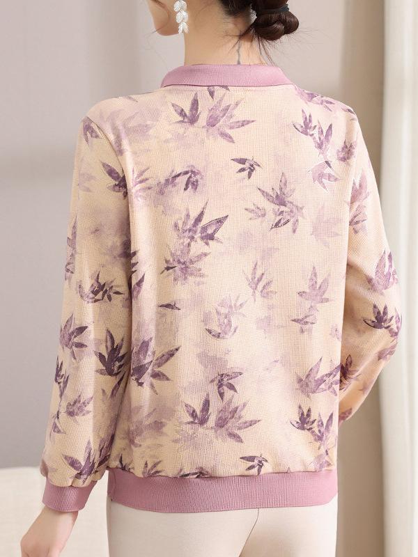 Elegant Floral Long-Sleeve T-Shirt for Middle-Aged & Elderly Women - New Chinese Style Top