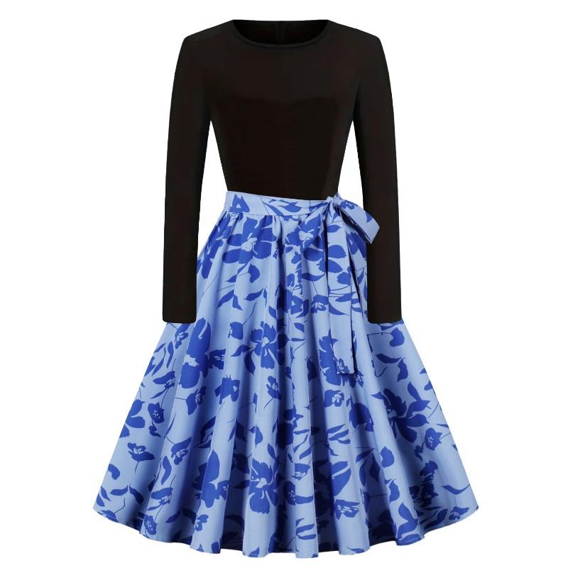 Autumn and Winter New Retro Women's Clothing Round Neck Long-sleeved Black Spelling Print Pendulum Dress