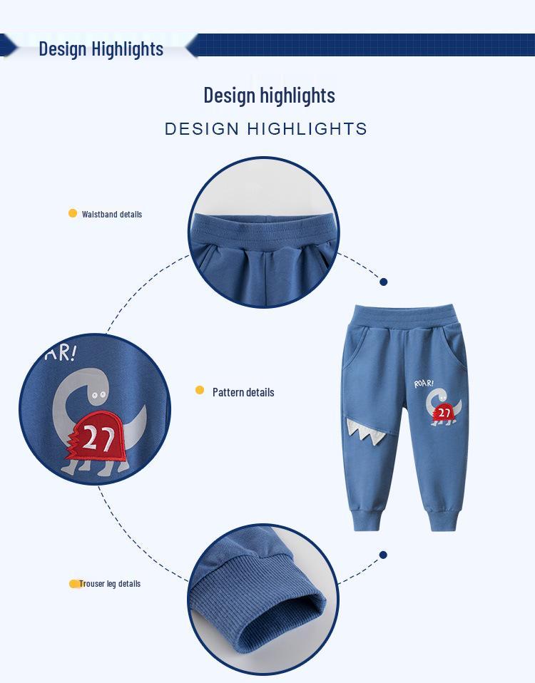 27kids Korean-Style Dinosaur Sweatpants for Kids - Spring/Autumn 2024 Collection