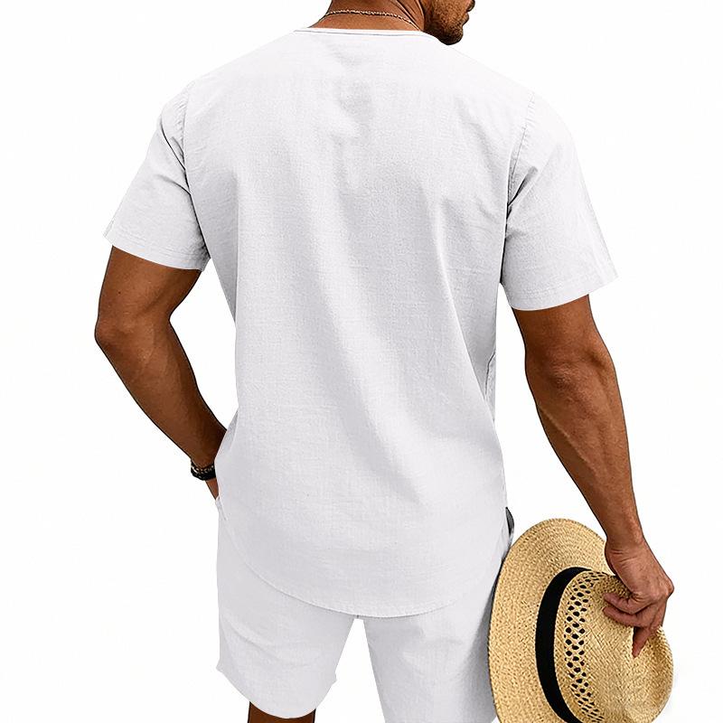 Men's Linen V-Neck Short Sleeve T-Shirt and Shorts Set - Solid Color Beach Casual Wear