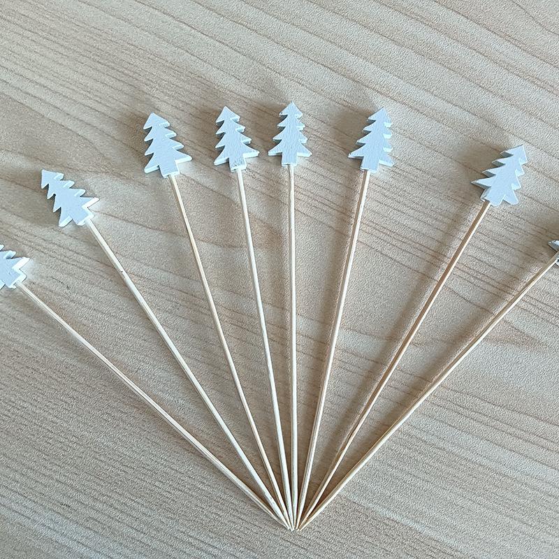 Three-Color Christmas Tree Fruit Picks: 100-Piece Pack - Green Fir Tree Shape Bead String Disposable Bamboo Skewers.