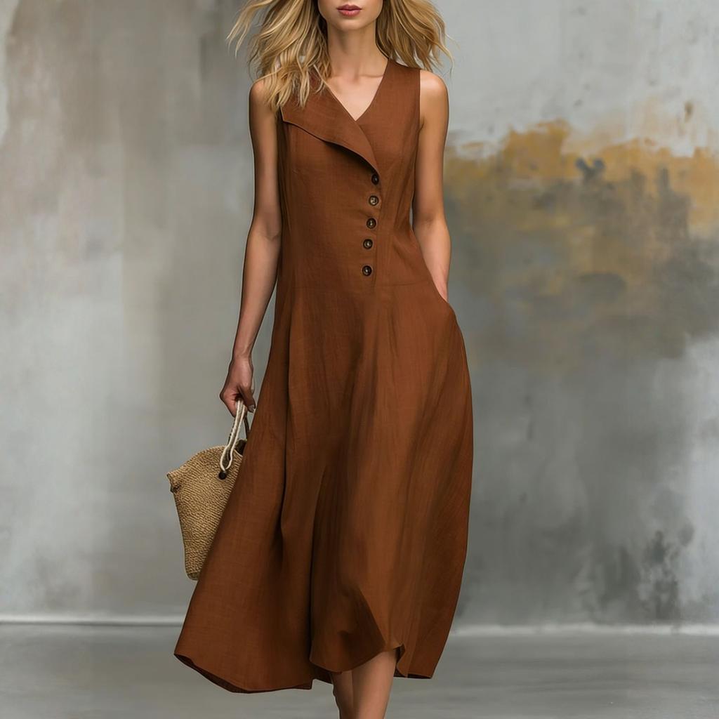 Ladies' Casual And Fashionable Lapel Button Closure Sleeveless Dress