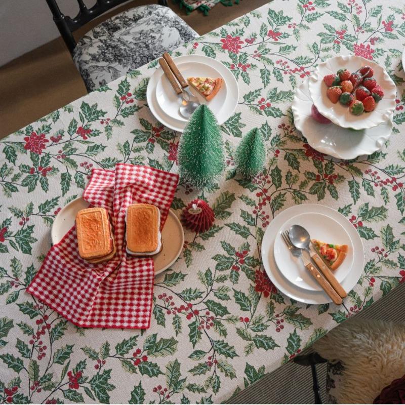 1PC Tablecloth Jacquard Christmas Contrast Holly Table Cloth Holiday Versatile Rectangle Home Decoration Home Textiles