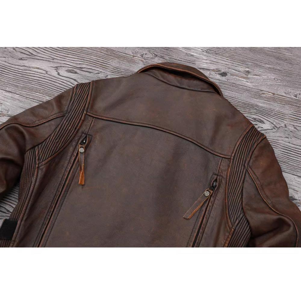 Chinese Size Heavy Motorcycle Jacket Natural Cowhide Leather Top Layer Brown Causal Vintage Retro Moto Suit Leather Coat Winter